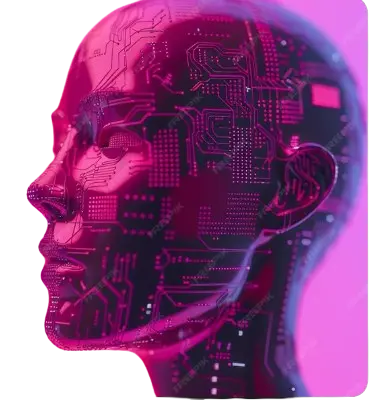Strategist freelance digital marketer kannur A pink futuristic human head with circuit-like digital patterns representing
